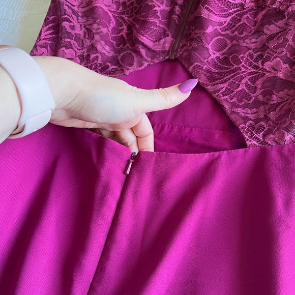 Hayley Paige Occasions - Chiffon Halter Lace Dress - Style 5715 - Flamingo - Picture 10 of 13